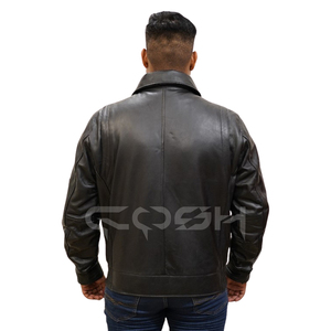 Chaqueta de Cuero Genuino para Hombre, Estilo Racer, Color Negro, con Cuello Alto y Bolsillos con Doble Cremallera, Proveedor OEM al por Mayor - Product Image 4