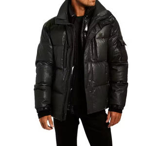 Doudoune en similicuir noir avec un design à double couche, style street wear de qualité supérieure, col montant, doudoune chaude - Product Image 2