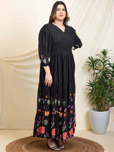 Floral Rayon Plus Size Tiered <b>Dress</b> for Women's V Neck 3/4th Sleeves Maxi <b>Dress</b> Summer Western Party Casual Wear Stylish <b>Dress</b> - Product Image 5