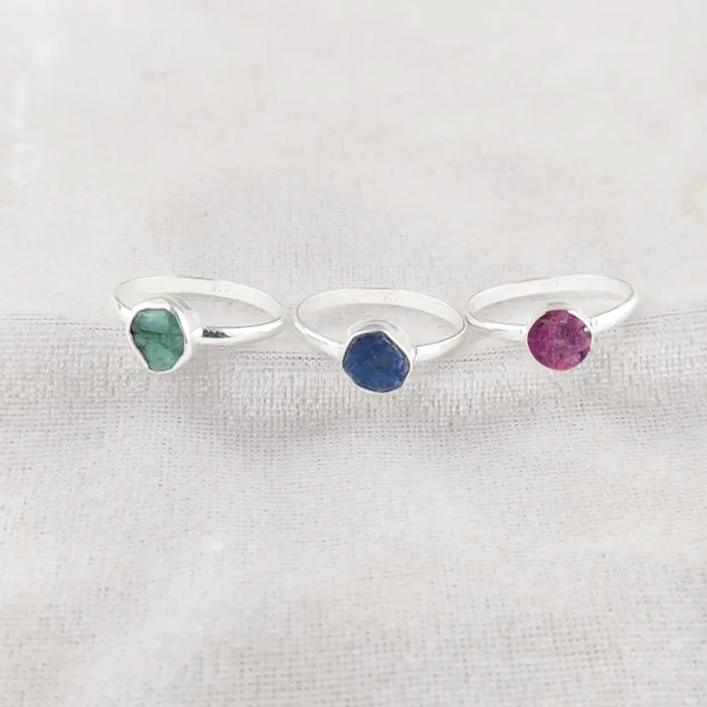 Natural Ruby Emerald Sapphire Raw Birthstone Ring 925 Sterling Silver Gemstone Ring Collate Set Stone Fine Jewelry For Women