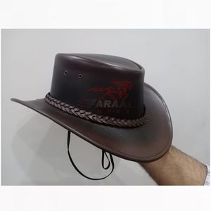 Sombrero de Vaquero de Cuero con Logotipo Personalizado, Color Marrón Oscuro, Hecho a Mano, Estilo Western Outback, Ala Ancha, para Montar a Caballo, con Banda Trenzada, OEM Disponible - Product Image 1