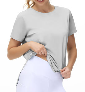 200 GSM 100% algodón tejido verano transpirable cuello en V manga Regular suelta ajuste mujer Streetwear camiseta para Yoga deportes - Product Image 2