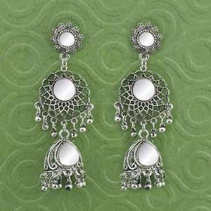 Jeweljunk 1314794 Silver Plated <b>Mirror</b> Jhumki Earrings Trendy Classic Ethnic <b>Princess</b> Cut Hoop Charm for Parties - Product Image 1