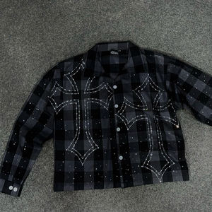 Camisa de Franela de Manga Larga con Cuello en V para Hombre, de Alta Calidad, Corte Regular, con Pedrería, Ecológica, de Poliéster/Algodón, Informal - Product Image 1