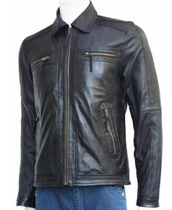 Veste en cuir de mouton noir à col rabattu/OEM veste en cuir véritable pour hommes/veste chemise haute couture pour hommes - Product Image 1