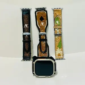 Western Style Handmade Real Genuine Tooled Leather Smart Watch Band Strap Personalized Top Sale Custom Cowboy Unisex Watch Bands
