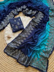 Hermoso espejo y Zarkan Borde de encaje de alta calidad Trabajo Uso diario Diseñador Sari con tarifa asequible - Product Image 2