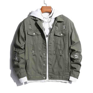 Chaqueta Vaquera de Primavera de Alta Calidad para Hombre, Cuello Alto Personalizado, Bolsillo con Solapa, Estilo Urbano, Diseño Desgastado y Roto, Fabricante Directo - Product Image 1