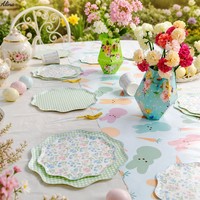 DAMAI Fournitures pour fête du thé de printemps de Pâques, vaisselle jetable à fleurs à carreaux verts de jardin, gobelets en papier, serviettes, assiettes