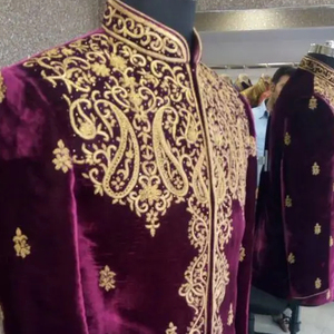 2024 Elegant Purple Velvet Sherwani <b>Pant</b> Dress New Embroidery Crystal Glass Beads Stones Dabka Work Plus Size Groom Party Wear - Product Image 1