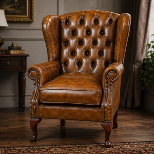 Sillón Chesterfield de Cuero Genuino con Respaldo Acolchado, Brazos Enrollados, Patas de Madera Maciza, Color Marrón, Sofá para Sala de Estar - Product Image 2