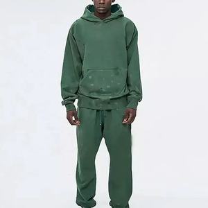 Venta al por mayor Joggers personalizado parche desgastado bordado Raw Flare Sudadera con capucha y pantalones de chándal conjunto hombre Zip Up ácido lavado chándal - Product Image 4