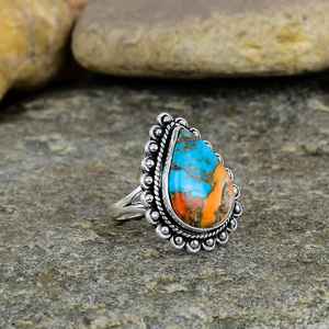 Handmade <b>Boho</b> Spiny Oyster Turquoise <b>Ring</b> 925 Sterling <b>Silver</b> Pear Shape Oval Cut Natural Bezel Setting for Parties Weddings - Product Image 2