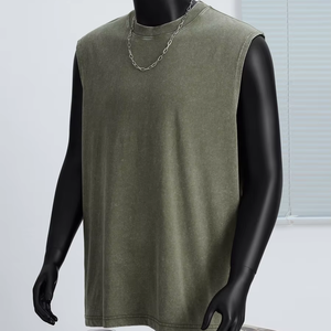 Wash Vintage 100% Chaleco de algodón Logotipo personalizado Oversized Street Color sólido Camiseta de manga suelta para hombres - Product Image 4