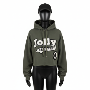 Sweat à capuche court pour femme en tissu polaire brossé 300GSM, ton olive, construction lisse, logo personnalisé, appliqué, travail de couture - Product Image 1