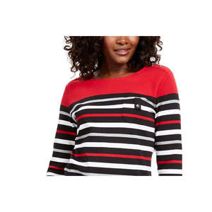 เสื้อกีฬาแขน 3/4 สีแดงสำหรับผู้หญิง ไซส์พิเศษเล็ก แบรนด์ Karen Scott ผ้าถักลายทาง - Product Image 2