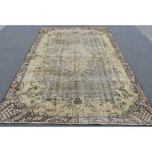 Alfombra de área turca vintage de 6x9 pies, beige y marrón diseño clásico de retazos, rectángulo de lana grande con respaldo de látex para habitación de adolescentes - Product Image 1