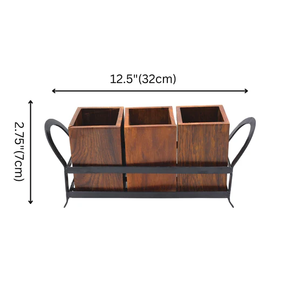 Wooden & Wrought Iron Cutlery Stand with 3 Wooden Jars Elegant Dining <b>Table</b> Cutlery Holder wood <b>spoon</b> containers - Product Image 2