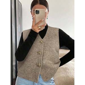 Women's Vintage Star-Button V-Neck Worsted <b>Knit</b> Single Breasted Vest Short <b>Waistcoat</b> Outerwear - Product Image 2
