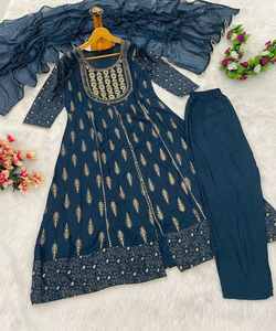 Ensemble Kurta ethnique bleu marine à prix de gros, broderie fantaisie en dentelle, haut, bas et dupatta, hiver, uni, écologique, gamme basse - Product Image 3