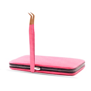 Color <b>Pink</b> Tip Gold Stainless Steel Eyelash Extension Tweezers Extra Sharp Point Hand Crafted Private Label - Product Image 2