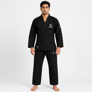 Kimono de karaté noir personnalisé avec logo, unisexe adulte, en sergé de coton mi-lourd, antibactérien, respirant, pour entraînement d'arts martiaux, OEM - Product Image 1
