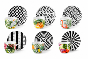 Juego de 6 tazas de espresso con platillo, 900 ml, porcelana, duraderas, estilo tropical chic de Excelsa Luxury, resistentes al calor, redondas - Product Image 1