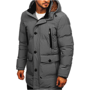Parka acolchada con capucha para hombre, abrigo de invierno con cierre de botón y cremallera, múltiples bolsillos y elegante ajuste cálido - Product Image 1