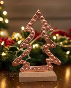 Modern Dotted <b>Copper</b> Finish Metal Christmas Tree Sculpture with Wooden Base for Tabletop Decoration and Home Festive <b>Ornament</b> - Product Image 1