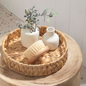 Handmade Decorative Rattan Jute <b>Serving</b> <b>Tray</b> With Bone Inlay Finishing Set of 3 <b>Rounded</b> Shape Food Server <b>Tray</b> - Product Image 2