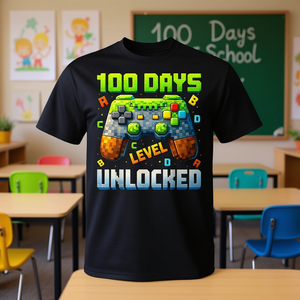 T-shirt da gaming pixel per ragazzi - Edizione promozionale '100 giorni di scuola: livello sbloccato' - Product Image 3