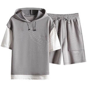 Ensemble court pour homme, style unique, hiver, à capuche, uni, respirant, grande taille, léger, taille élastique, poches latérales personnalisées - Product Image 1