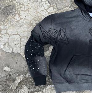 Wholesale Acid Wash Hoodies Rhinestone Embellished Streetwear <b>Oversized</b> <b>Hoodie</b> <b>Men</b> Women Custom Logo Supplier - Product Image 3