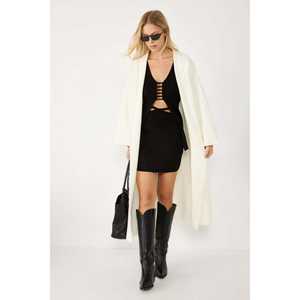 Cárdigan Largo Elegante Color Crudo, Tejido de Ganchillo Informal con Decoración de Encaje, Estampados Sólidos, Acrílico y Cachemira para Otoño e Invierno - Product Image 1