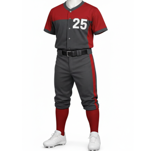 Uniforme de Béisbol Profesional Rojo y Gris, Jersey Sólido de Alto Rendimiento con Ribete en Contraste y Pantalones con Franja Lateral a Juego - Product Image 3