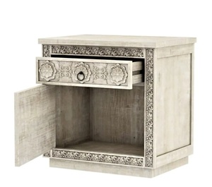 Mesita de noche moderna convertible de madera maciza de teca hecha a mano encalada tallada con cajón muebles de dormitorio apartamento uso doméstico - Product Image 1