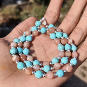 Collier statement en pierres précieuses de 8 mm en pierre de lune naturelle turquoise argent sterling, pierre de naissance de juin, cadeau de mariage pour femme, bleu - Product Image 2