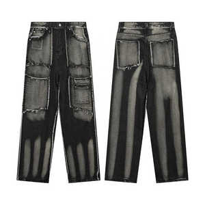 กางเกงยีนส์ขาตรงเอวสูงสำหรับผู้ชาย, สินค้ามาใหม่กางเกงยีนส์เข้ารูปแบบปะติดกางเกงยีนส์ผ้ายืดผ้าฝ้าย - Product Image 2