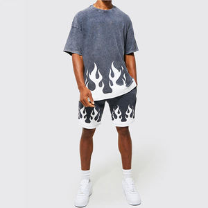 T-shirts pour hommes de haute qualité, délavés à l'acide, imprimé feu, gris et blanc, vêtements de rue personnalisés, sérigraphie, anti-froissement, courts - Product Image 2