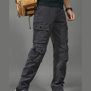 กางเกงวอร์มผู้ชายแบบหลายกระเป๋า กางเกงวอร์มผ้าทอสำหรับผู้ชาย กางเกงลำลองผ้าแคนวาสทรงหลวมตรง - Product Image 4