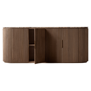Buffet en bois massif style Art déco français avec portes cannelées, console de salon, meuble de rangement grande capacité, mobilier de bar à domicile - Product Image 2