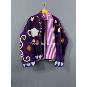 Purple Velvet Floral Embroidery Women's Short <b>Jacket</b> Coat Autumn Winter <b>Hippie</b> Style Suzani Fabric Cotton Lining Knitted - Product Image 2