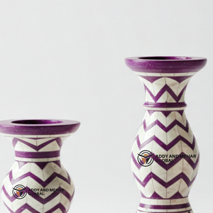 Proveedor Indio Ofrece Portavelas Cónicos de Lujo con Incrustaciones de Concha/MOP, Patrón Geométrico Chevron en Morado y Blanco - Product Image 6