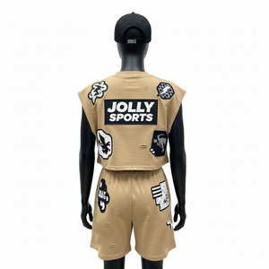 Women Sleeveless Crop T Shirt <b>And</b> <b>Shorts</b> <b>Set</b> High Quality Cotton Jersey Fabric Beige Color Custom Logo 100% Cotton Women's <b>Sets</b> - Product Image 2