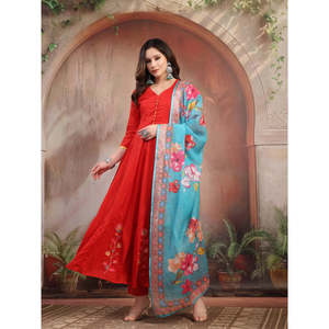 Conjunto Anarkali Rojo Bordado a Mano para Mujer con Dupatta de Georgette, Estilo Pakistaní, Vestido Indio para Festivales - Product Image 1