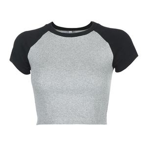 Camiseta recortada de ropa de gimnasio de buena calidad con logotipo personalizado, camiseta de manga raglán para mujer, camisetas cortas de manga corta en contraste para mujer, camisetas - Product Image 1