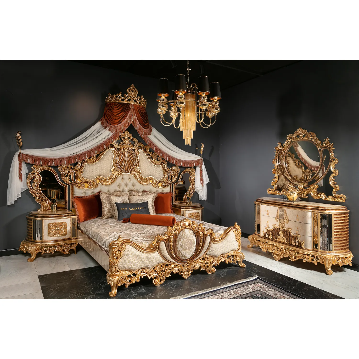 أثاث غرفة نوم تركي شرق أوسطي فاخر عتيق ملوكي منحوت يدويًا طقم سرير كلاسيكي من الذهب الأبيض الأكثر شعبية