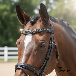 Élégant bandeau en cuir noir avec des pierres noires brillantes Accessoire de bride équestre de qualité supérieure - Product Image 1