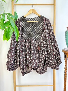 เสื้อเบลาส์โบฮีเมียนผ้าฝ้ายแท้พิมพ์ลายดอกความยาวสั้นผ้าชีฟองสไตล์อินเดีย - Product Image 4