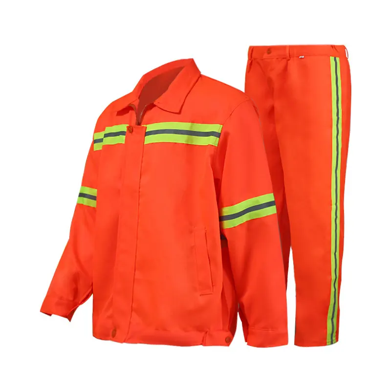 Güvenlik görevlisi giyim turuncu üniforma takım temizleme işçi yansıtıcı vurgulamak ceket ve pantolon uzun kollu Polyester ceket